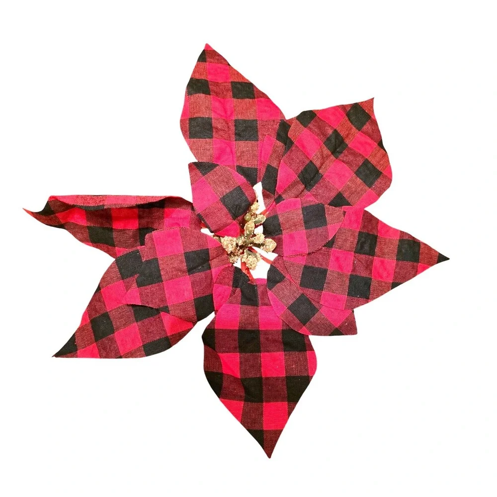 NWOT Christmas Poinsettia Flowers Artificial Clip‎ On Red Buffalo Plaid